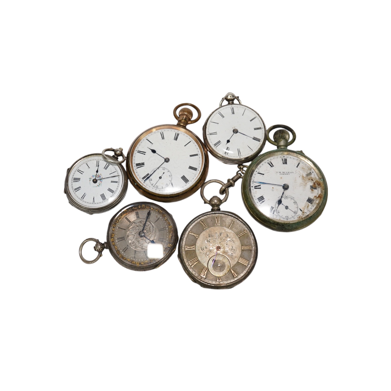 Four assorted white metal pocket watches and two other base metal pocket watches. Condition - poor to fair